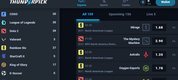 Thunderpick Esports Games Available Screenshot