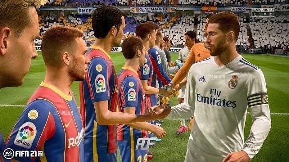 Real Madrid and Barcelona players about to kick off a FIFA 2021 match.