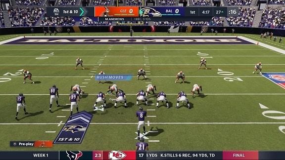 In-game footage of a Madden NFL game between Cleveland and Baltimore.