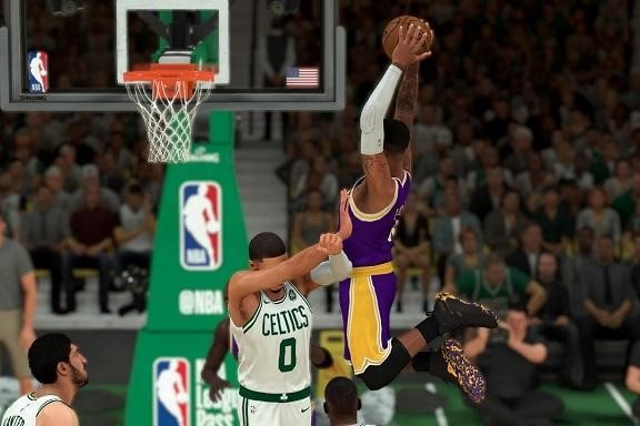 Action footage of an NBA 2K game between Boston and the LA Lakers