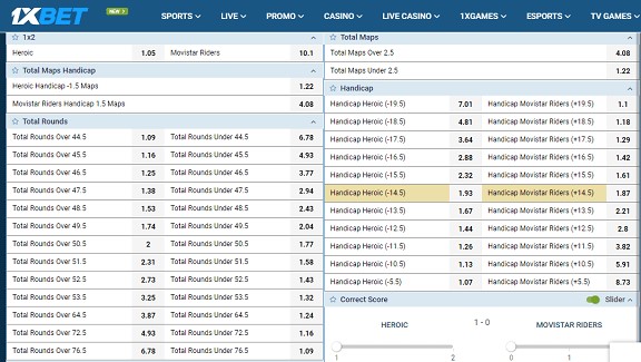 1xBet Odds Screenshot
