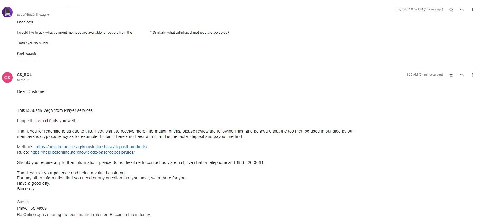 BetOnline Email Support Screenshot