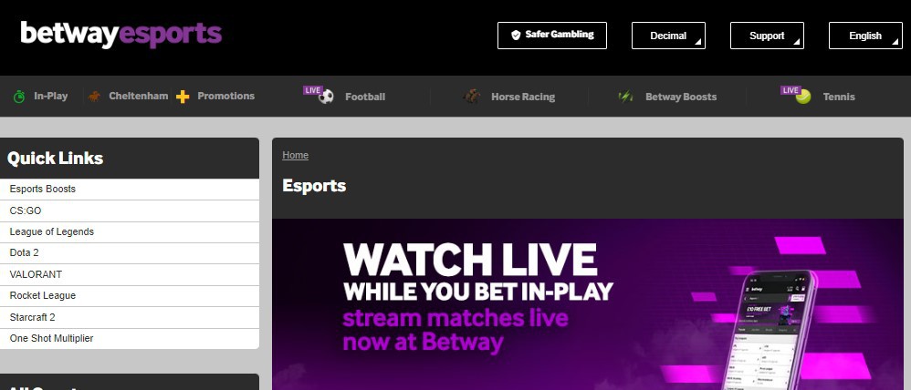 Betway Esports Home Page Screenshot