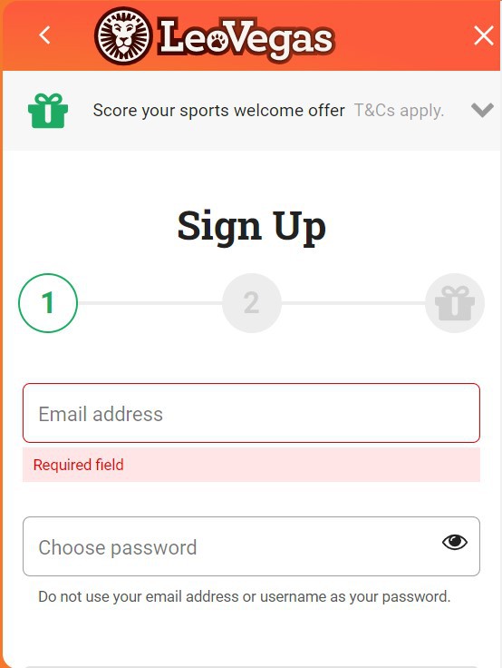 LeoVegas Registration Screenshot