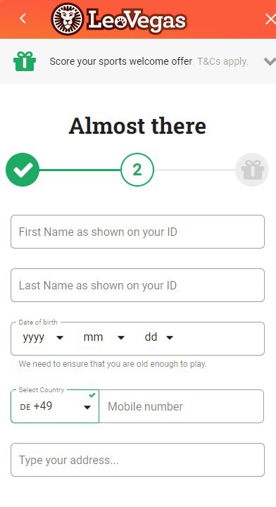 LeoVegas Registration Screenshot