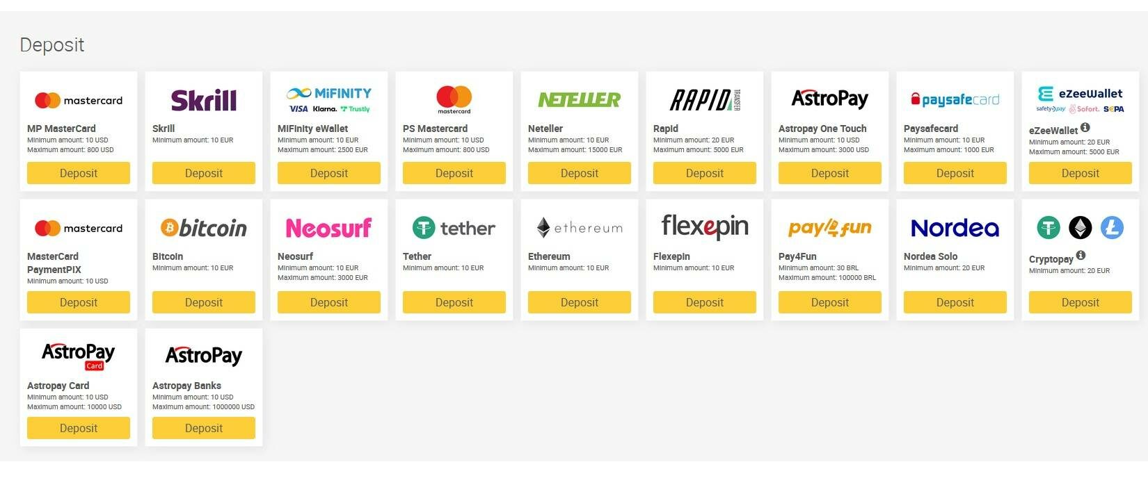 ReloadBet Payment Methods Screenshot