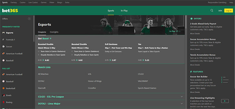 bet365 Betting Options Screenshot