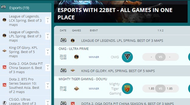 22bet Esports Betting Markets Screenshot