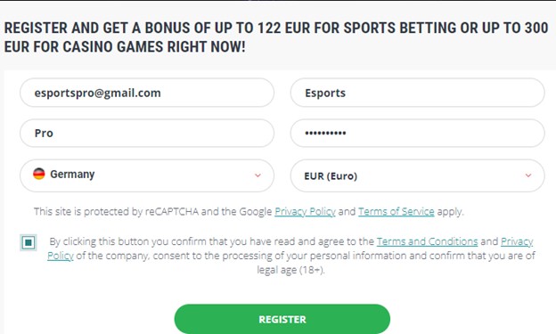 22bet Registration Form Screenshot