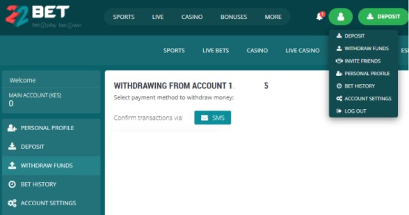 22bet Withdrawal Section Screenshot