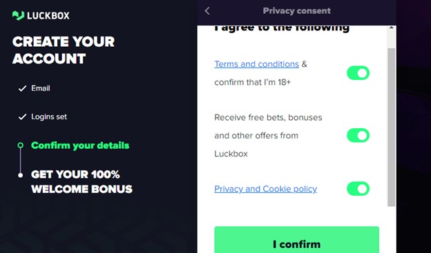 Luckbox Registration Page Terms Screenshot