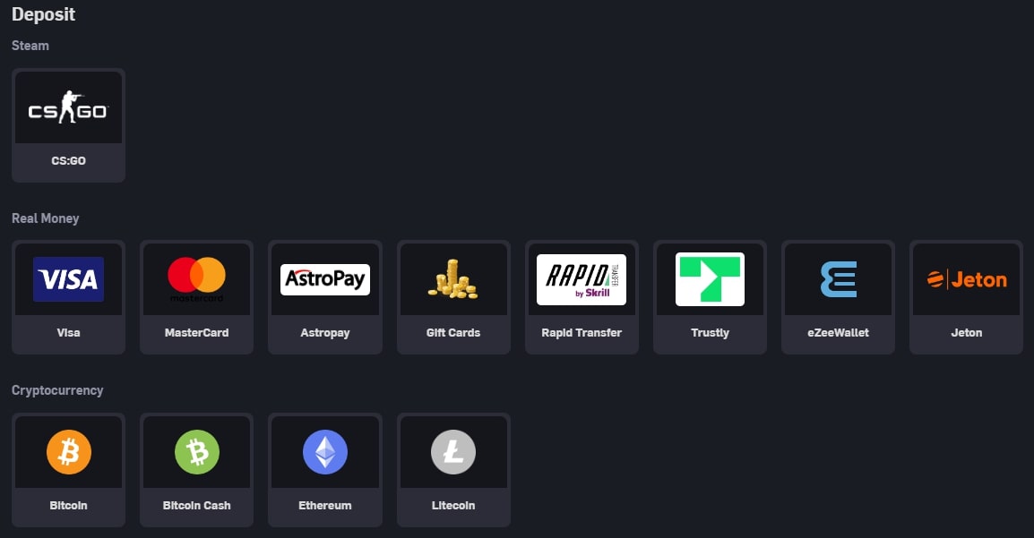 CSGO Empire Deposit Options Screenshot