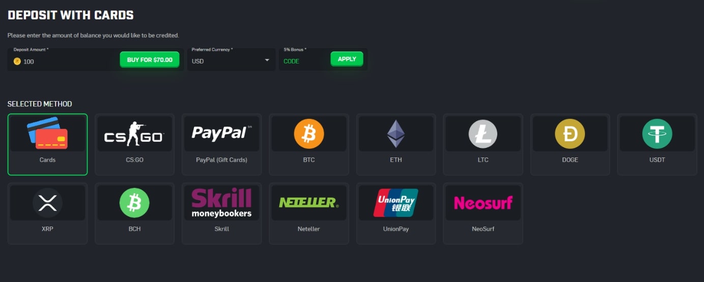 CSGORoll Deposit Methods Screenshot