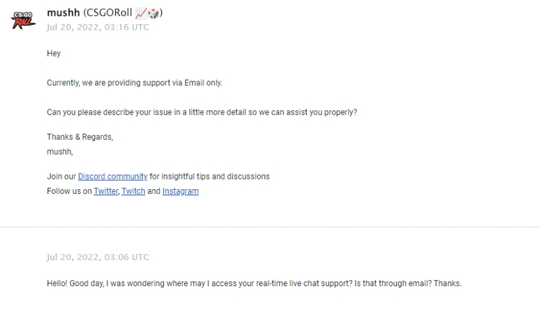 CSGORoll Email Support Screenshot