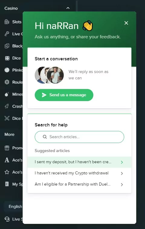 Duelbits Customer Support Screenshot