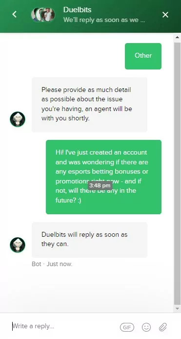 Duelbits Live Chat Conversation Screenshot