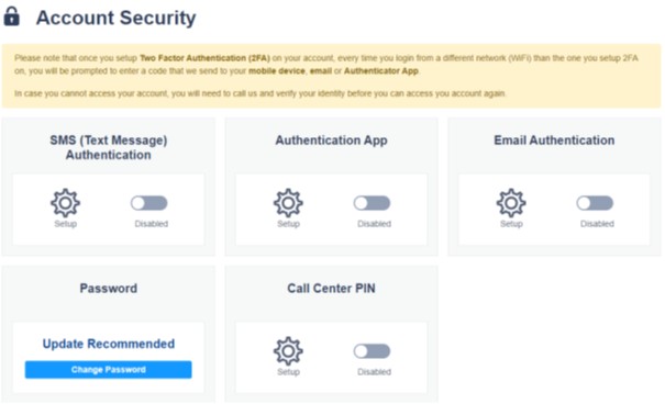 BetUS Account Security Screenshot