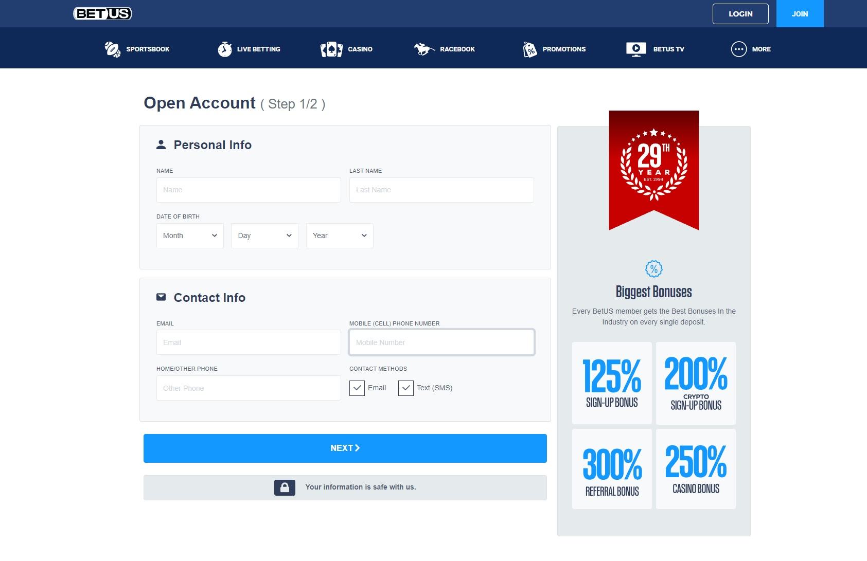 BetUS Registration Screenshot