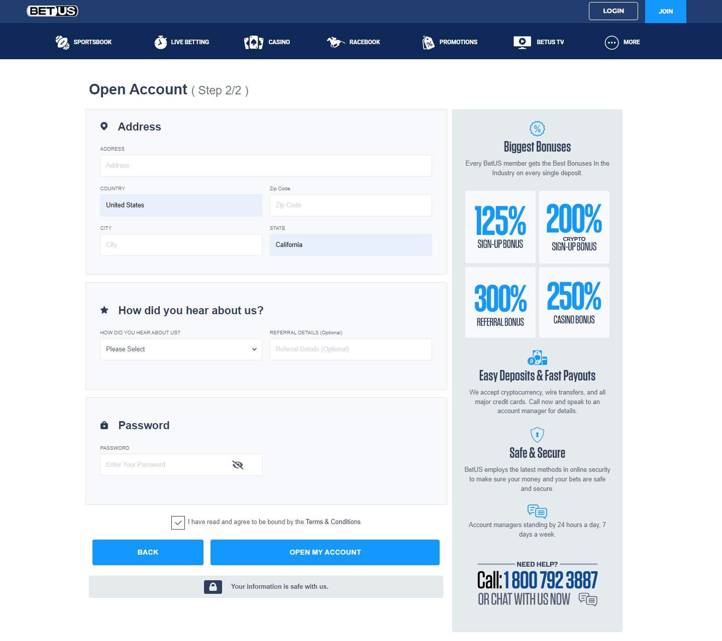 BetUS Registration Screenshot
