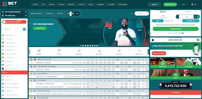 22Bet Home Page Screenshot