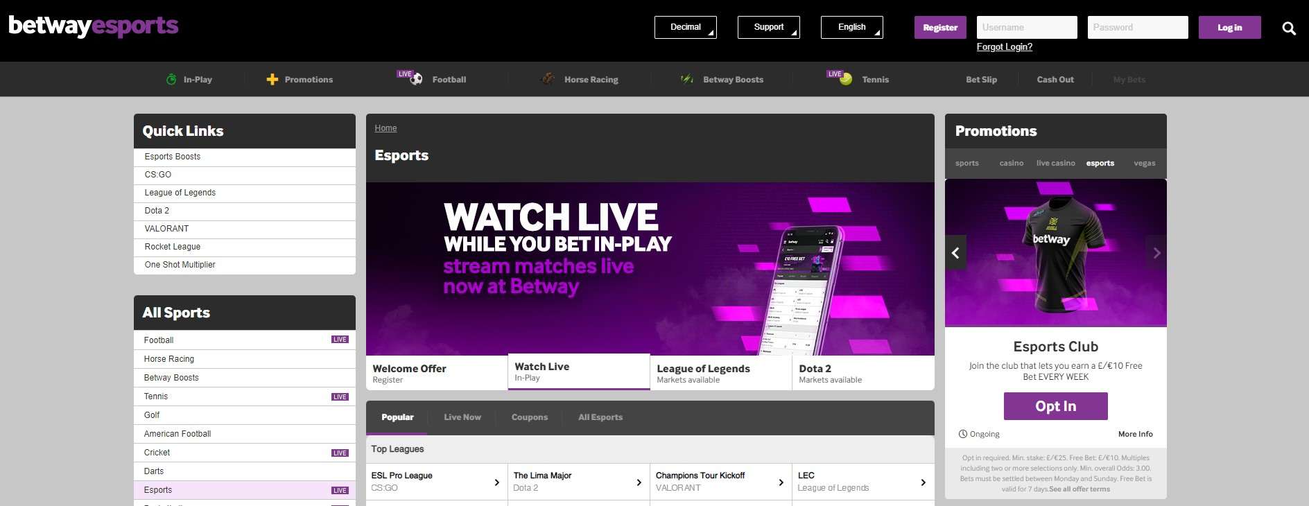 Betway Esports Club Screenshot