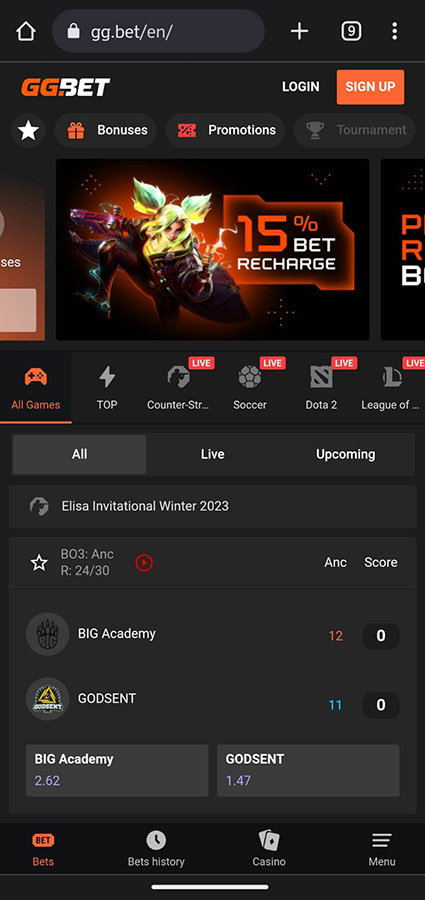 GG.BET Mobile Home Page Screenshot