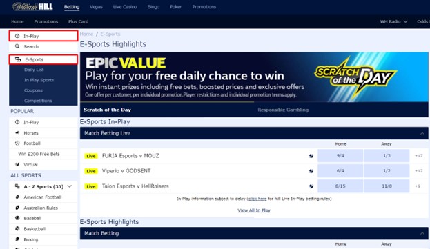 William Hill Live Betting Screenshot