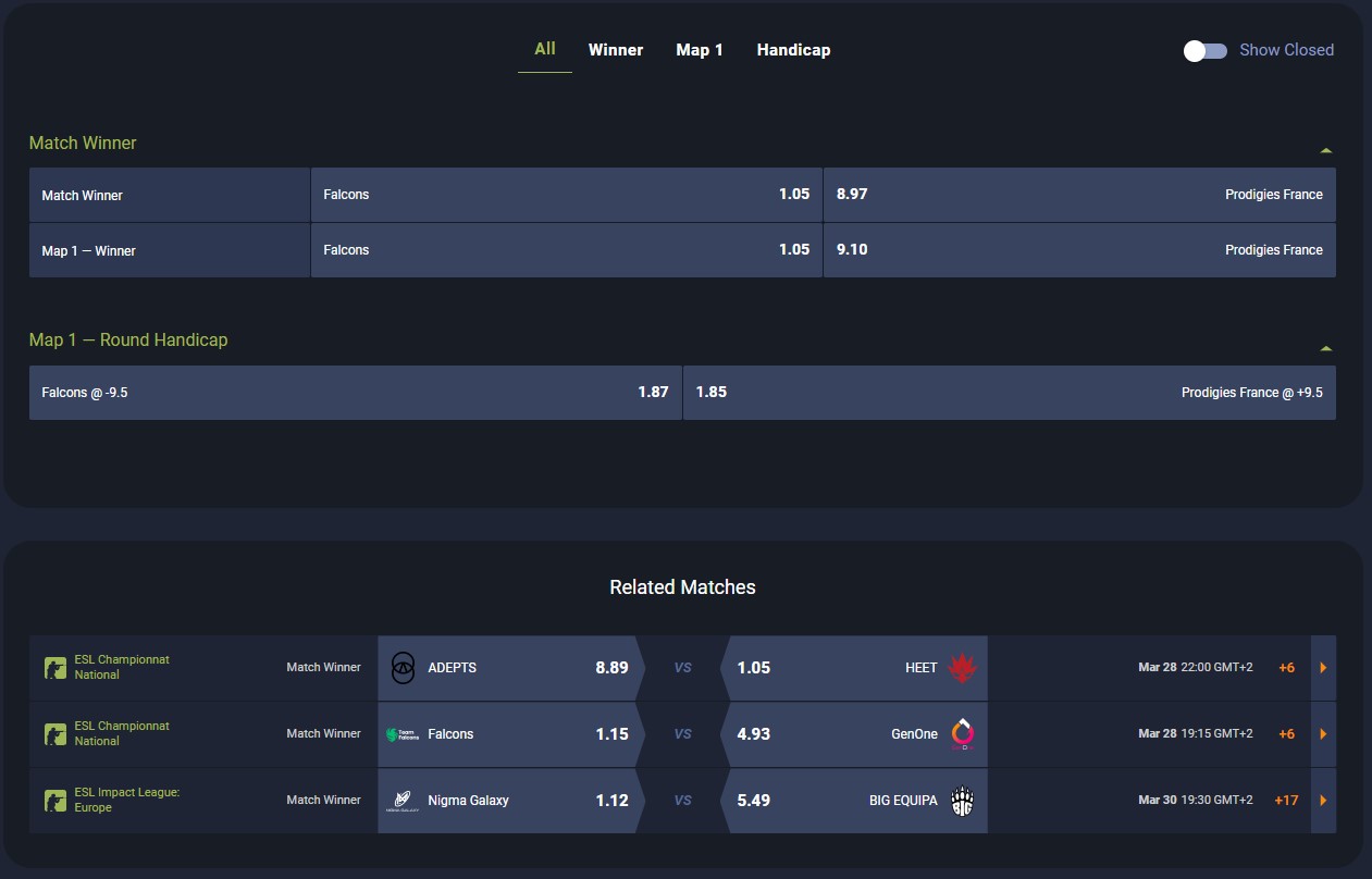 Rivalry live betting screenshot