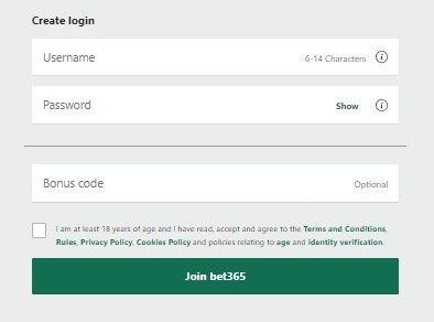 bet365 Create Login Screenshot