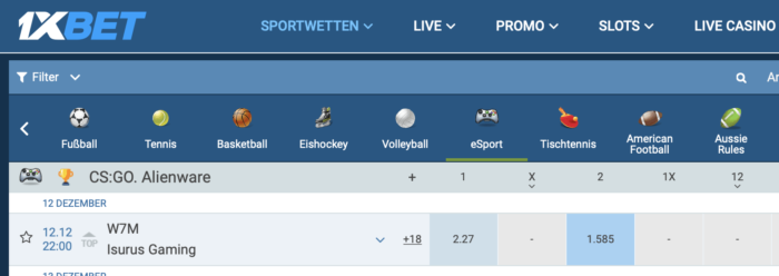 1xBet Spieleauswahl