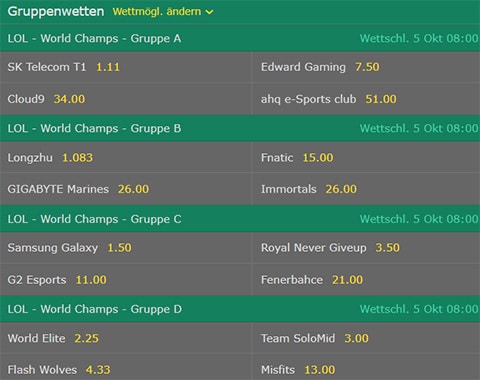 Gruppenwetten LoL WM 2017 Gruppenphase bet365 Quoten