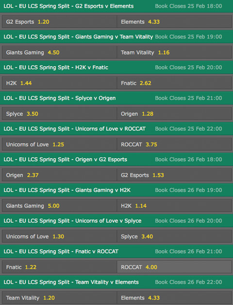LCS EU Season 6 Spring Split Week 7 Schedule and betting odds by bet365