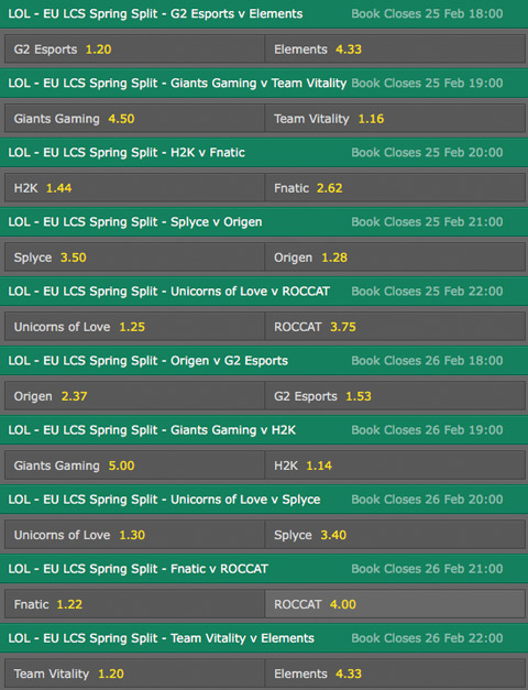 LCS EU Season 6 Spring Split Week 7 Schedule and betting odds by bet365