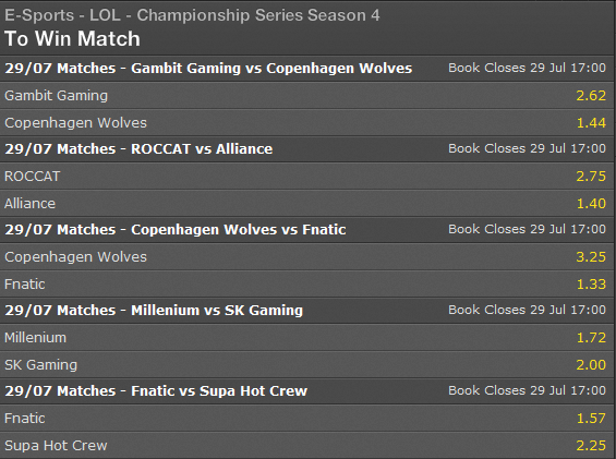 LCS EU Summer Split 2014 Week 11 Day1 schedule and betting odds - Bet365