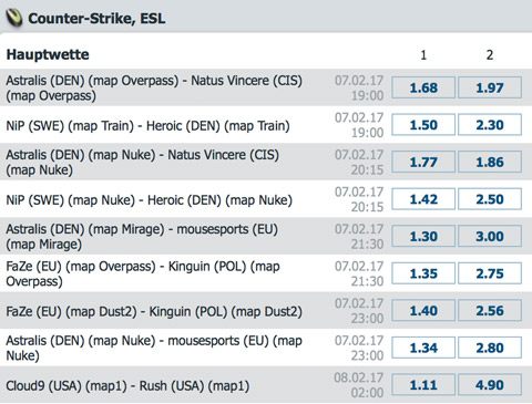 Match Sieger Wettquoten CSGO ESL Pro League 5 von BetatHome