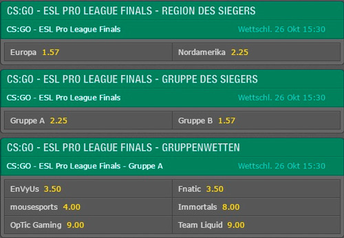 Region Gruppe Gruppenwetten des Siegers ESL Pro League Season 4 Finals CSGO Wettquoten von Bet365