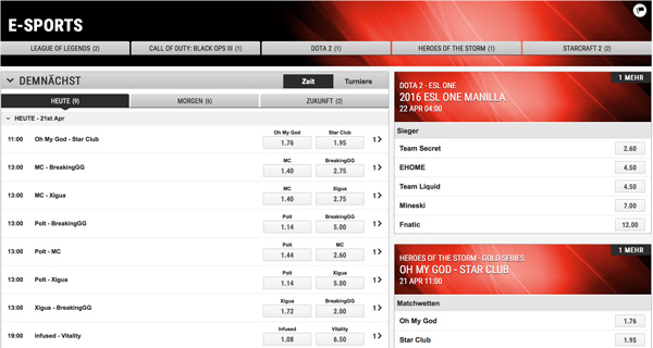 Screenshot der eSport Sektion auf der Ladbrokes Webseite