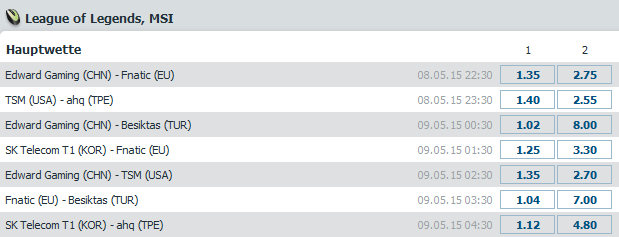 Spielplan und Quoten Gruppenphase Tag 2 - MSI 2015 - Mid Season Invitational - Bet at Home
