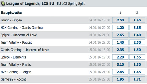 Spielplan und Quoten Week 1 LCS EU Spring Split 2016 - Bet at Home