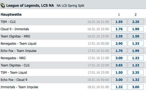 Spielplan und Quoten Week 1 LCS NA Spring Split 2016 - Bet at Home