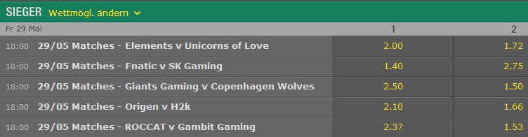 Spielplan und Quoten Week 1 Tag 2 LCS EU Summer Split 2015 - Bet365