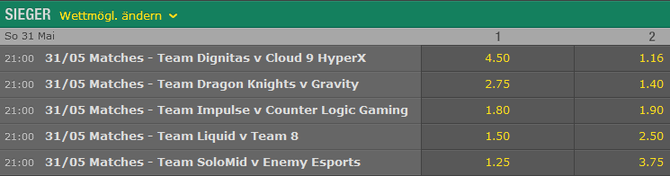 Spielplan und Quoten Week 1 Tag 2 LCS NA Summer Split 2015 - Bet365