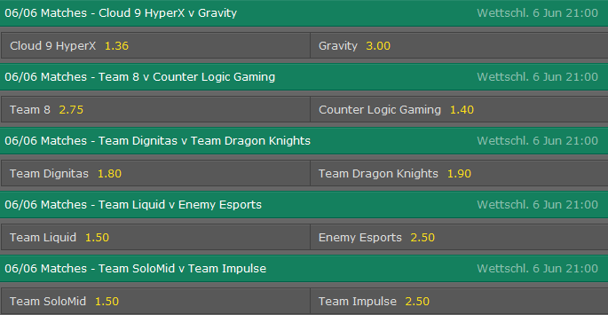 Spielplan und Quoten Week 2 Tag 1 LCS NA Summer Split 2015 - Bet365