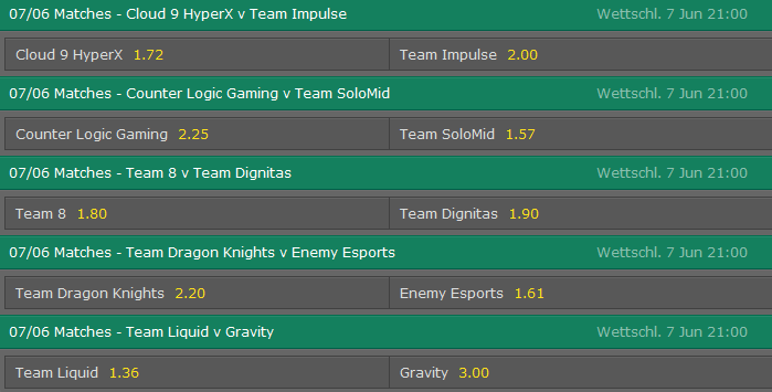 Spielplan und Quoten Week 2 Tag 2 LCS NA Summer Split 2015 - Bet365