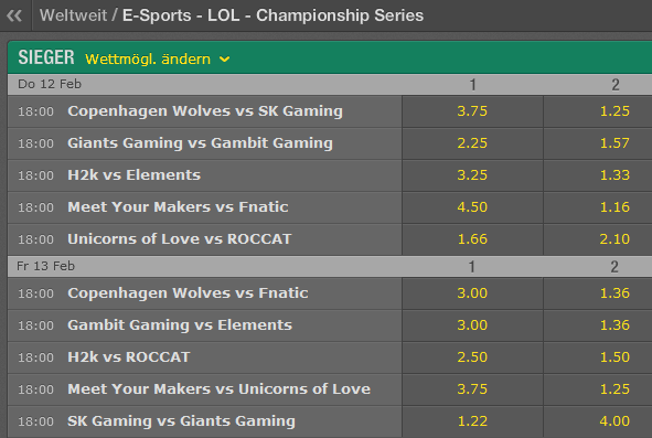 Spielplan und Quoten Week 4 LCS EU Spring Split 2015 - Bet365