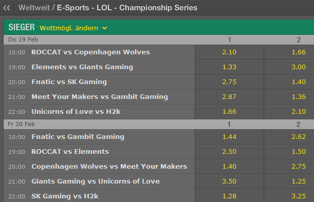 Spielplan und Quoten Week 5 LCS EU Spring Split 2015 - Bet365