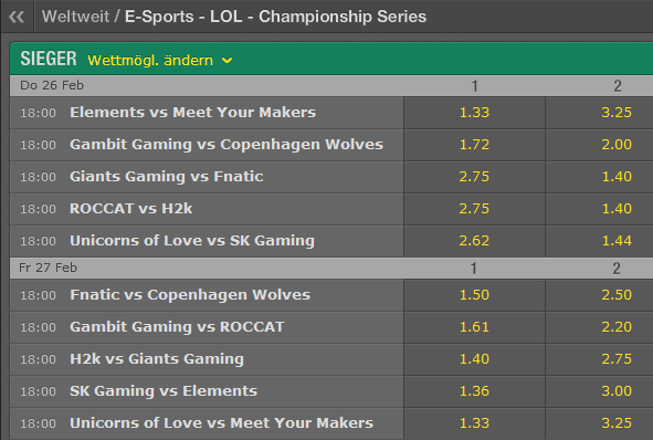 Spielplan und Quoten Week 6 LCS EU Spring Split 2015 - Bet365