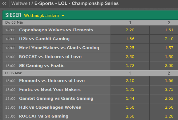 Spielplan und Quoten Week 7 - LCS EU Spring Split 2015 - Bet365