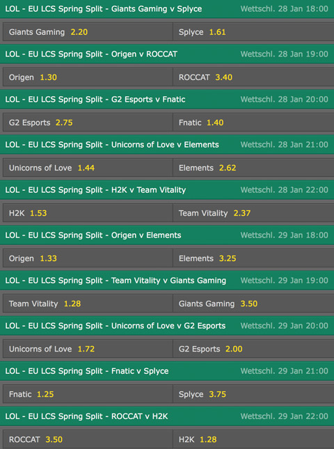 Spielplan und Quoten Woche 3 LCS EU Spring Split 2016 Bet365