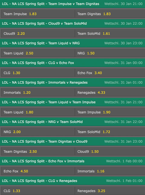 Spielplan und Quoten Woche 3 LCS NA Spring Split 2016 Bet365